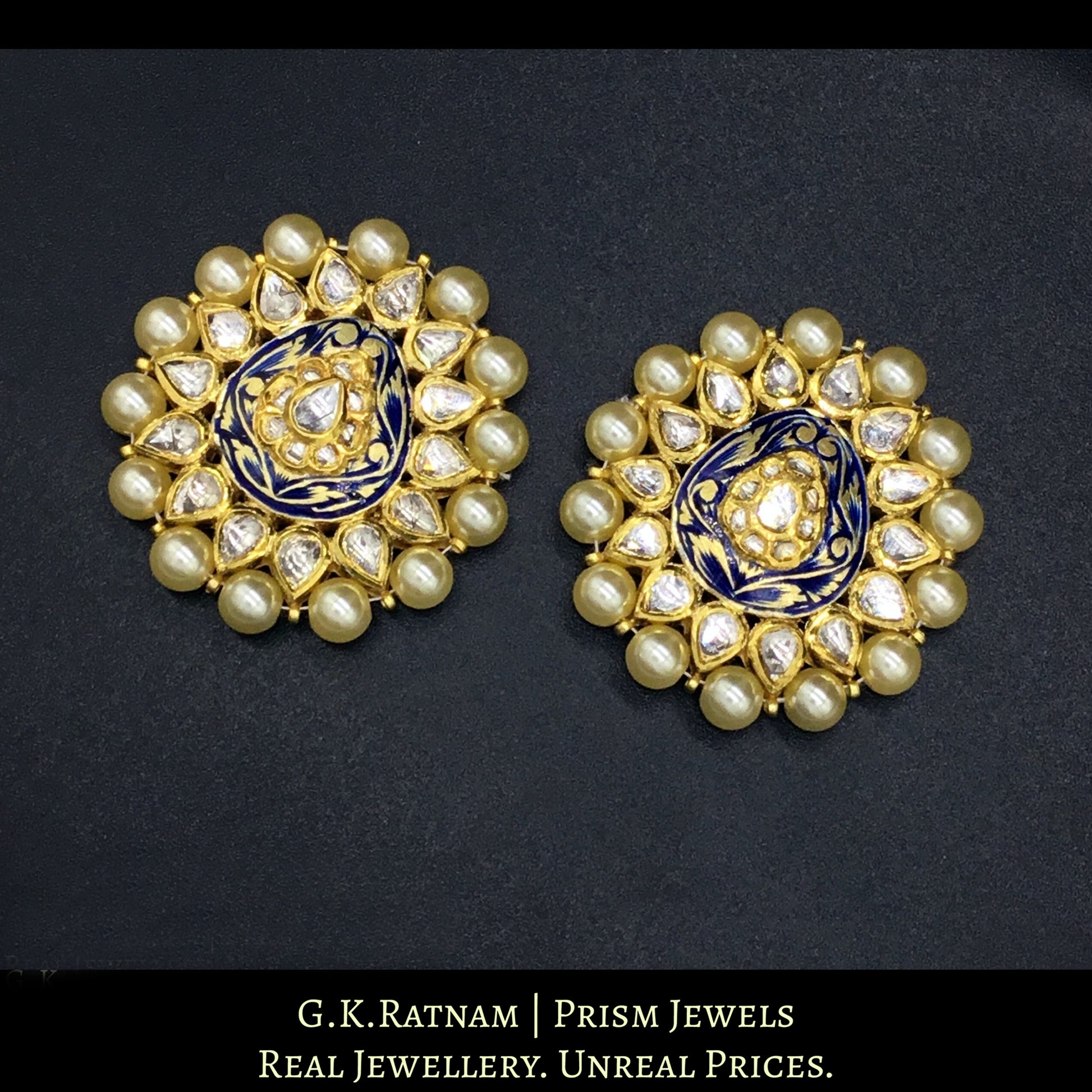 18k Gold and Diamond Polki Blue Enamel pear-shaped Pendant Set with chid bunches - G. K. Ratnam