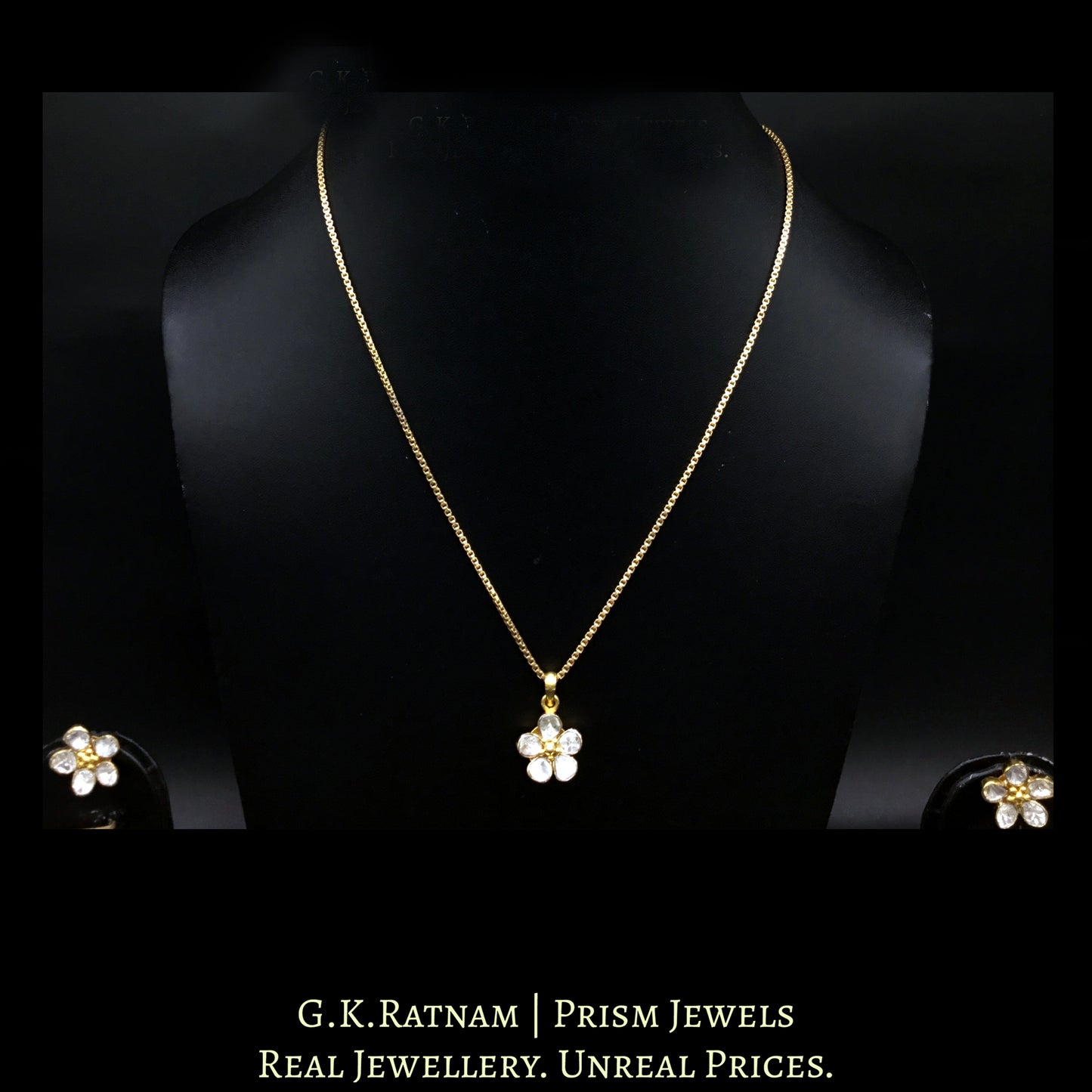 14k Gold and Diamond Polki Open Setting floral Pendant Set with gold-plated chain