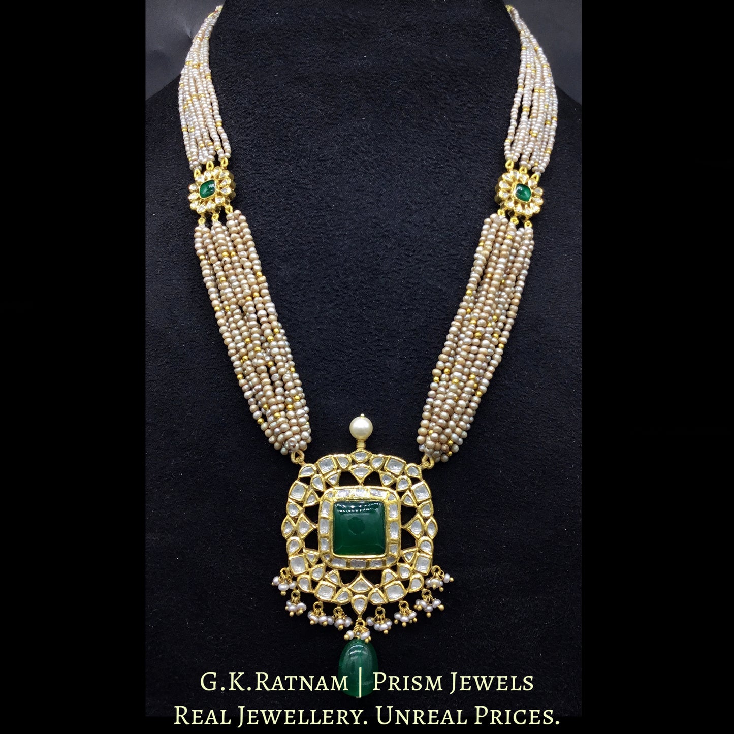 Traditional Gold and Diamond Polki Pendant strung with Antiqued Hyderabadi Pearls