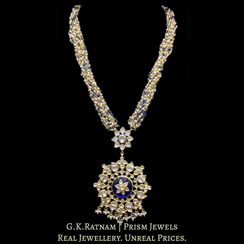 Traditional Gold and Diamond Polki blue hybrid Pendant Set with antiqued basra-look freshwater pearl chains