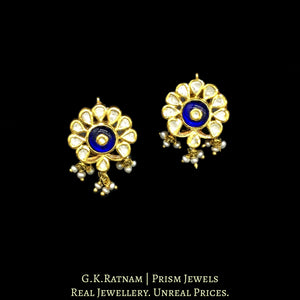 Traditional Gold and Diamond Polki blue hybrid Pendant Set with antiqued basra-look freshwater pearl chains