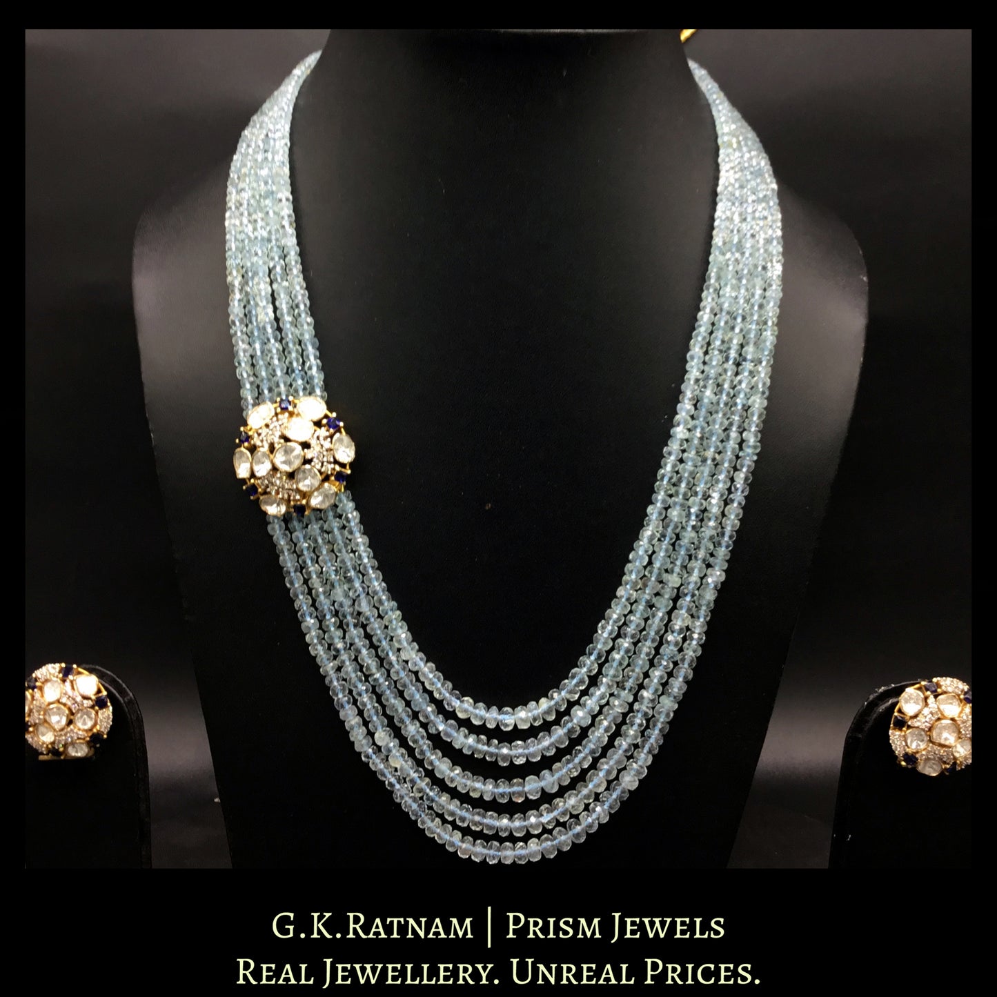 14k Gold and Diamond Polki Open Setting Broach Necklace Set with Aquamarine beads