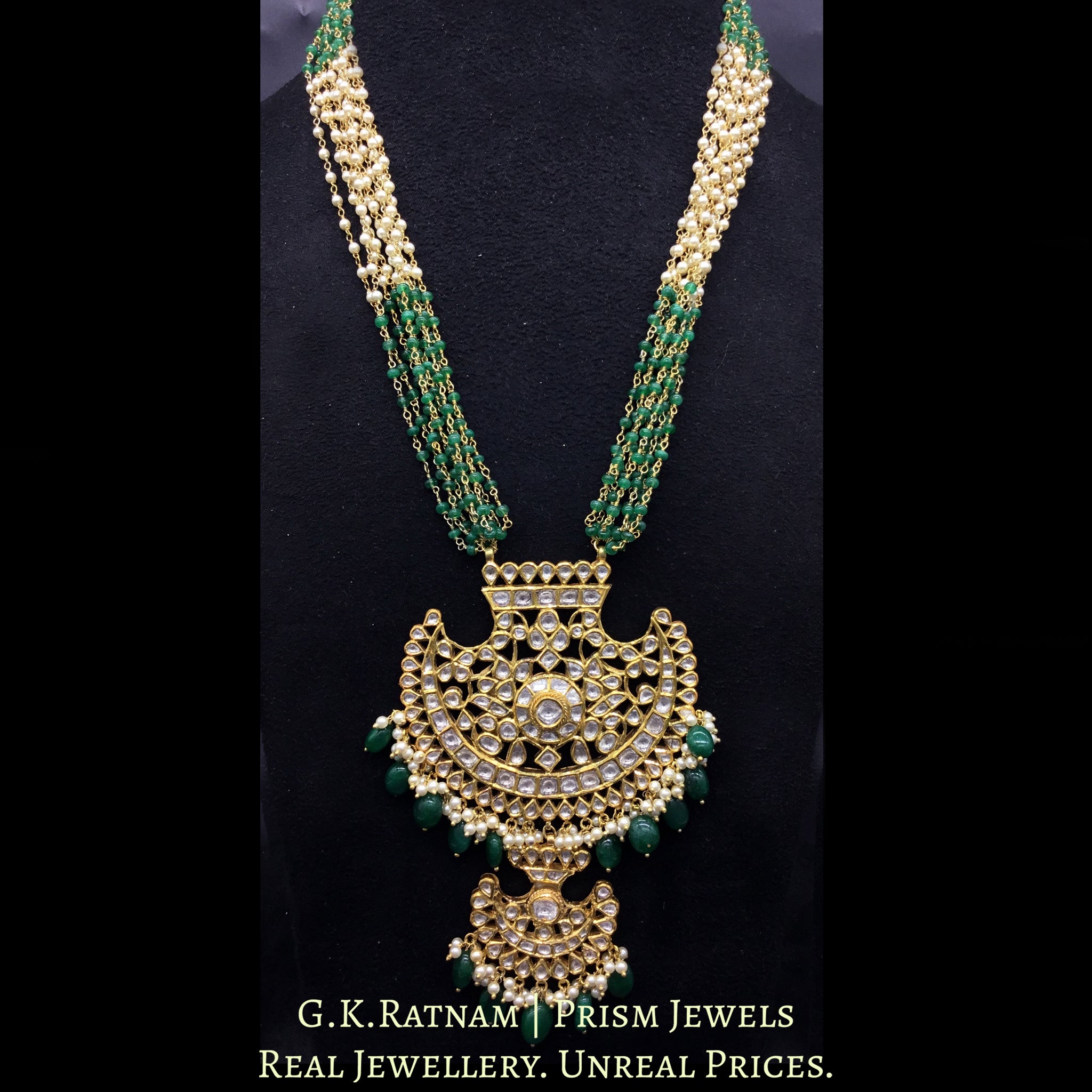 18k Gold and Diamond Polki Pankhi (fan) Pendant Set with beryl and pearl chains