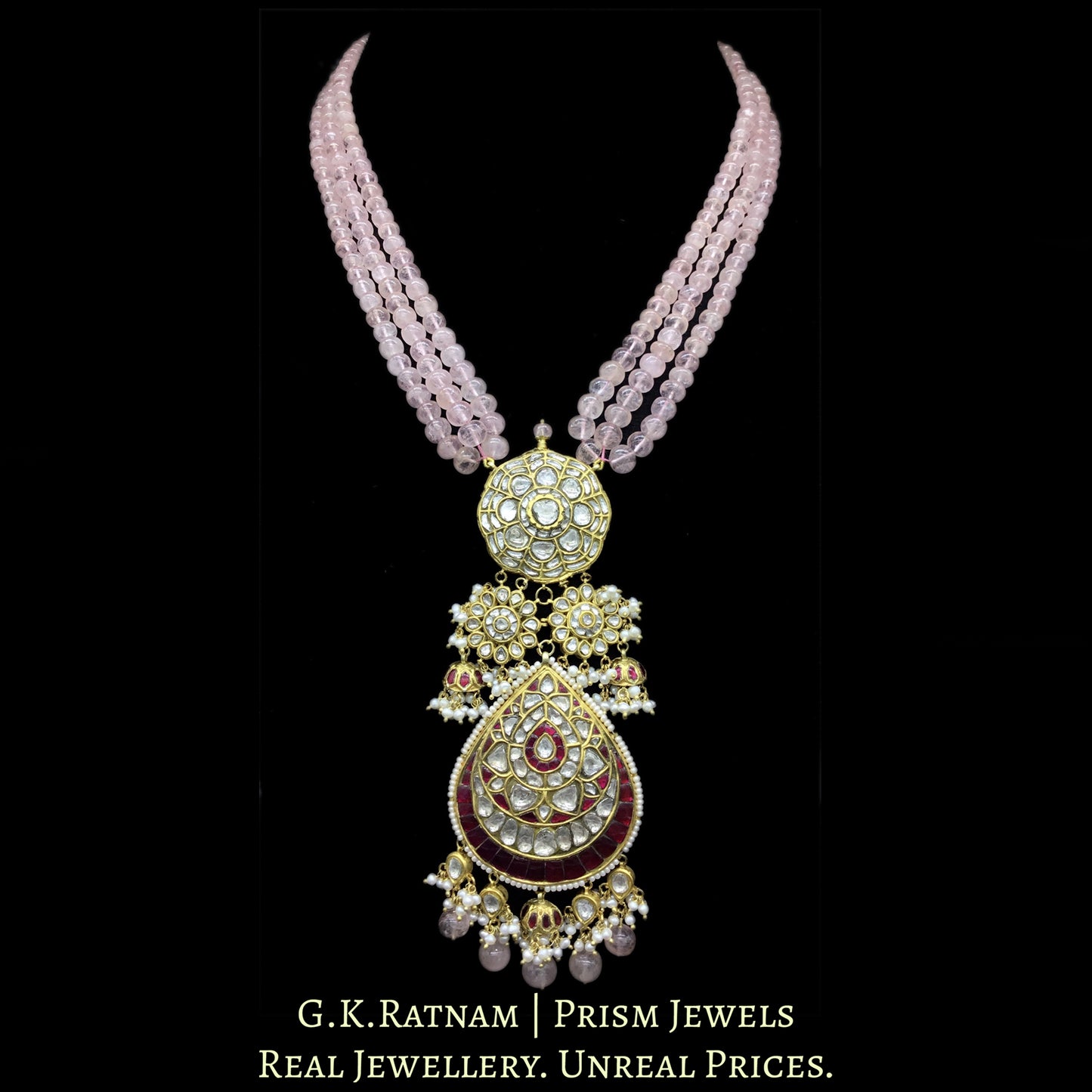 18k Gold and Diamond Polki antique-finish Hybrid Pendant with Pink Morganites - G. K. Ratnam