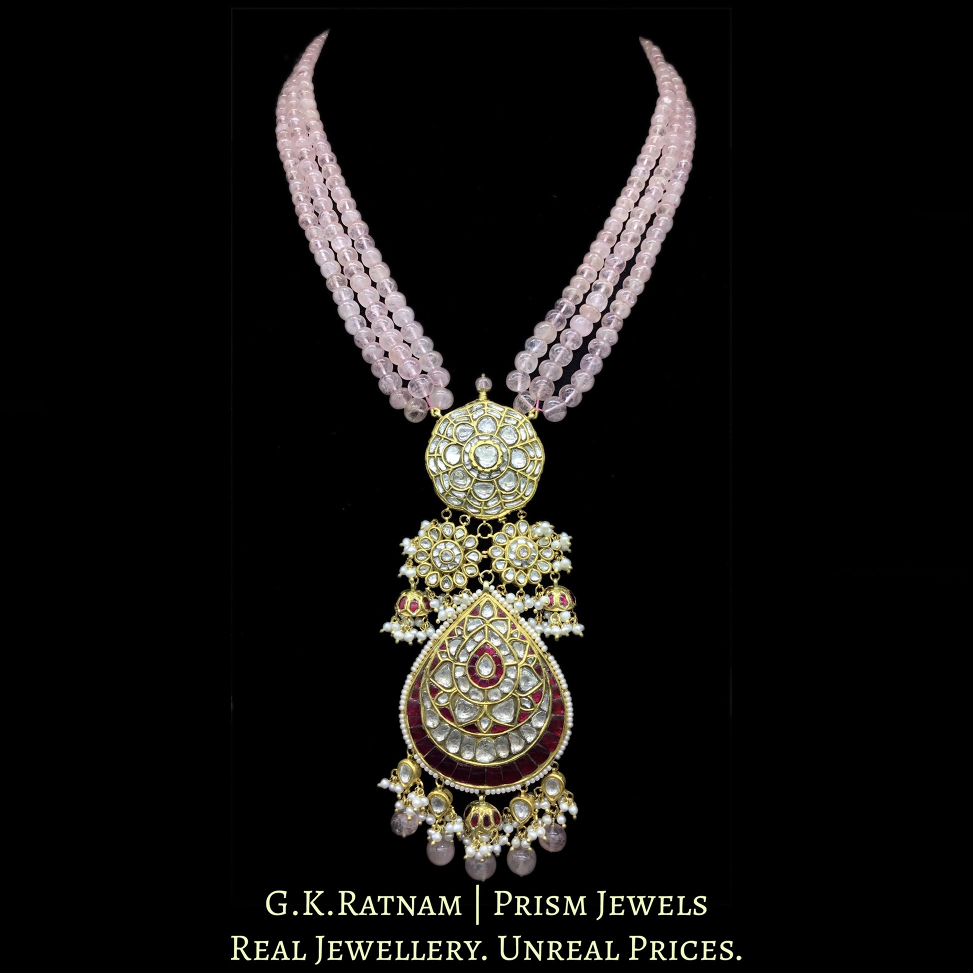18k Gold and Diamond Polki antique-finish Hybrid Pendant with Pink Morganites - G. K. Ratnam