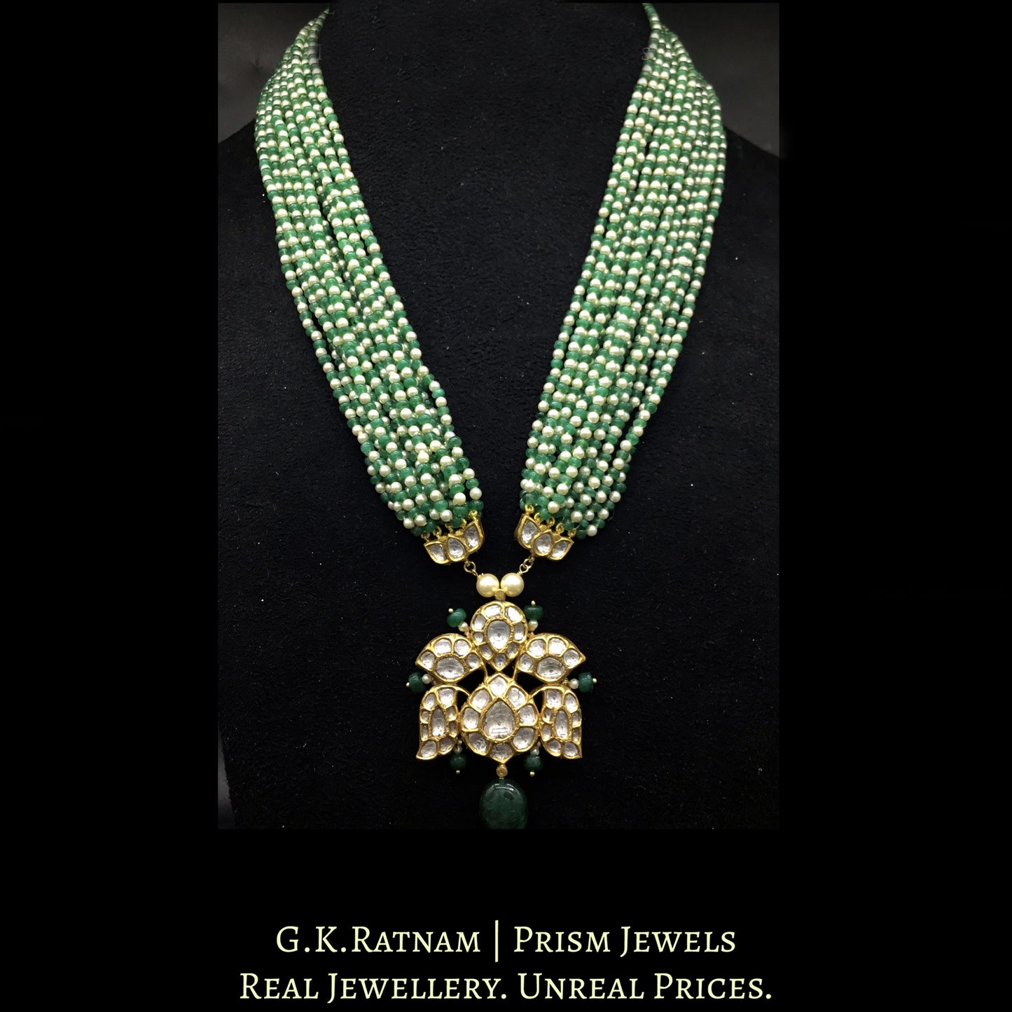 18k Gold and Diamond Polki Pendant strung with Pearls and Beryls