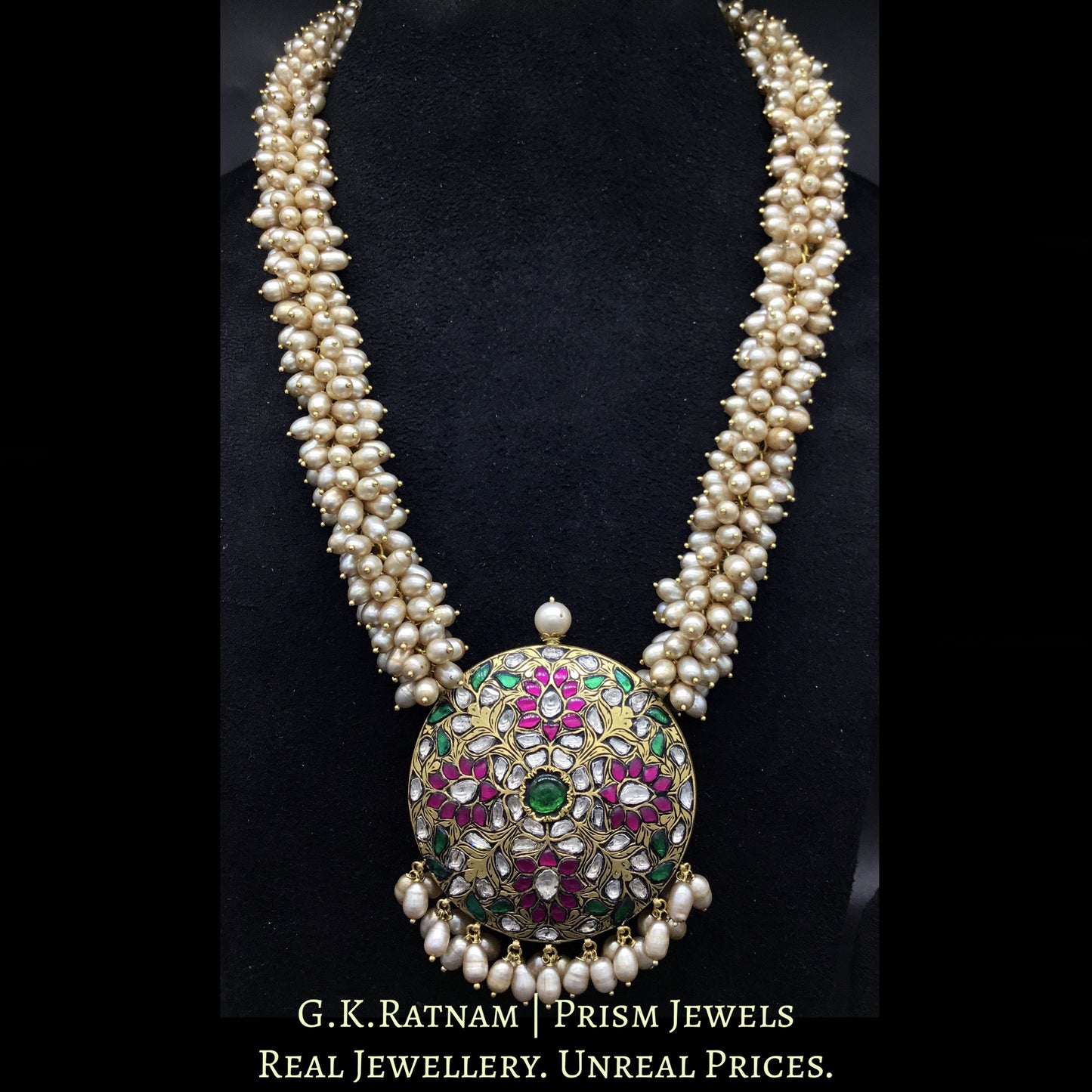 22k Gold and Diamond Polki Reversible Pendant with Antiqued Freshwater Pearl Chains