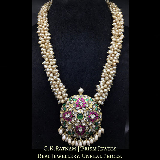 22k Gold and Diamond Polki Reversible Pendant with Antiqued Freshwater Pearl Chains