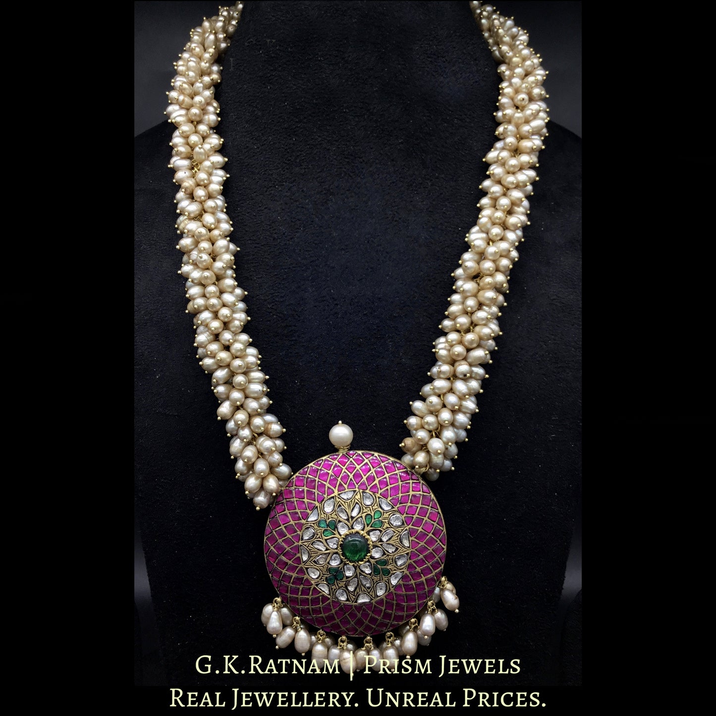 22k Gold and Diamond Polki Reversible Pendant with Antiqued Freshwater Pearl Chains