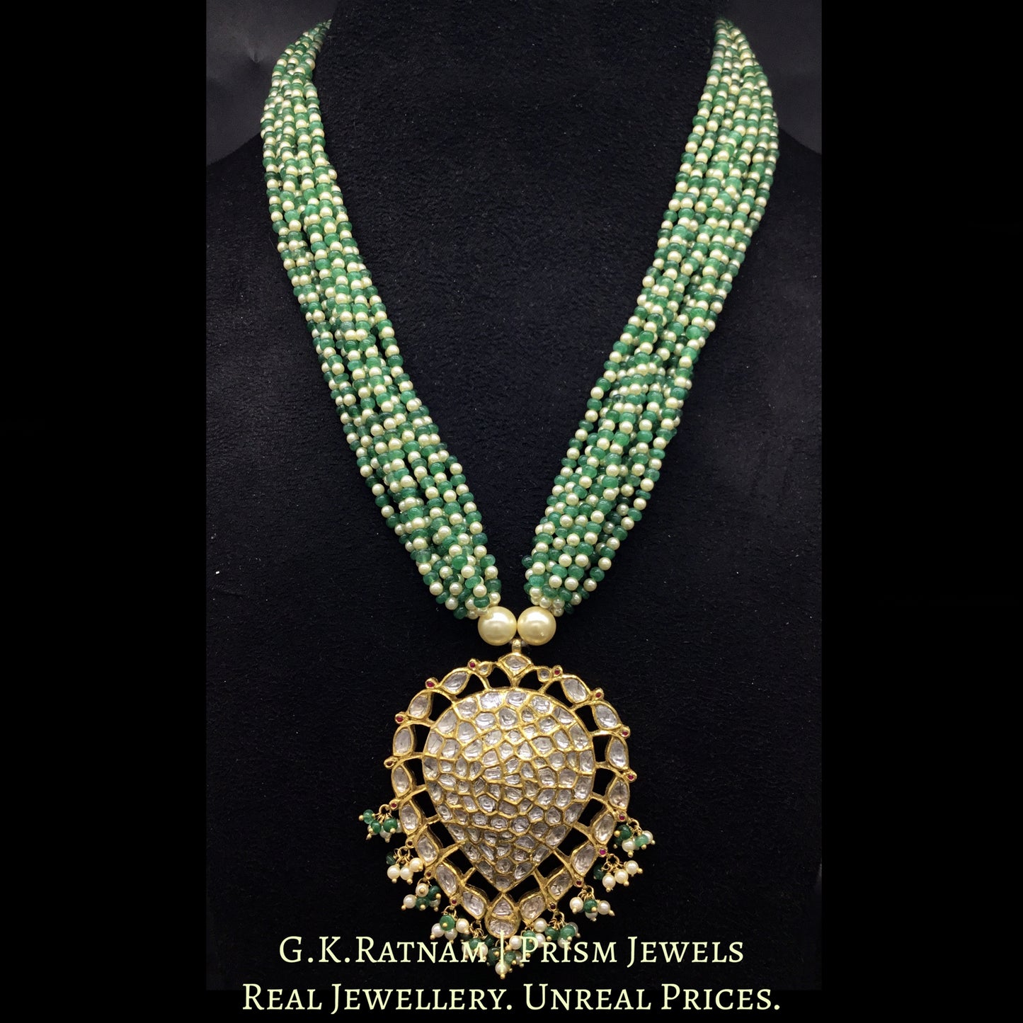 18k Gold and Diamond Polki Pendant Set strung with Pearls and Beryls