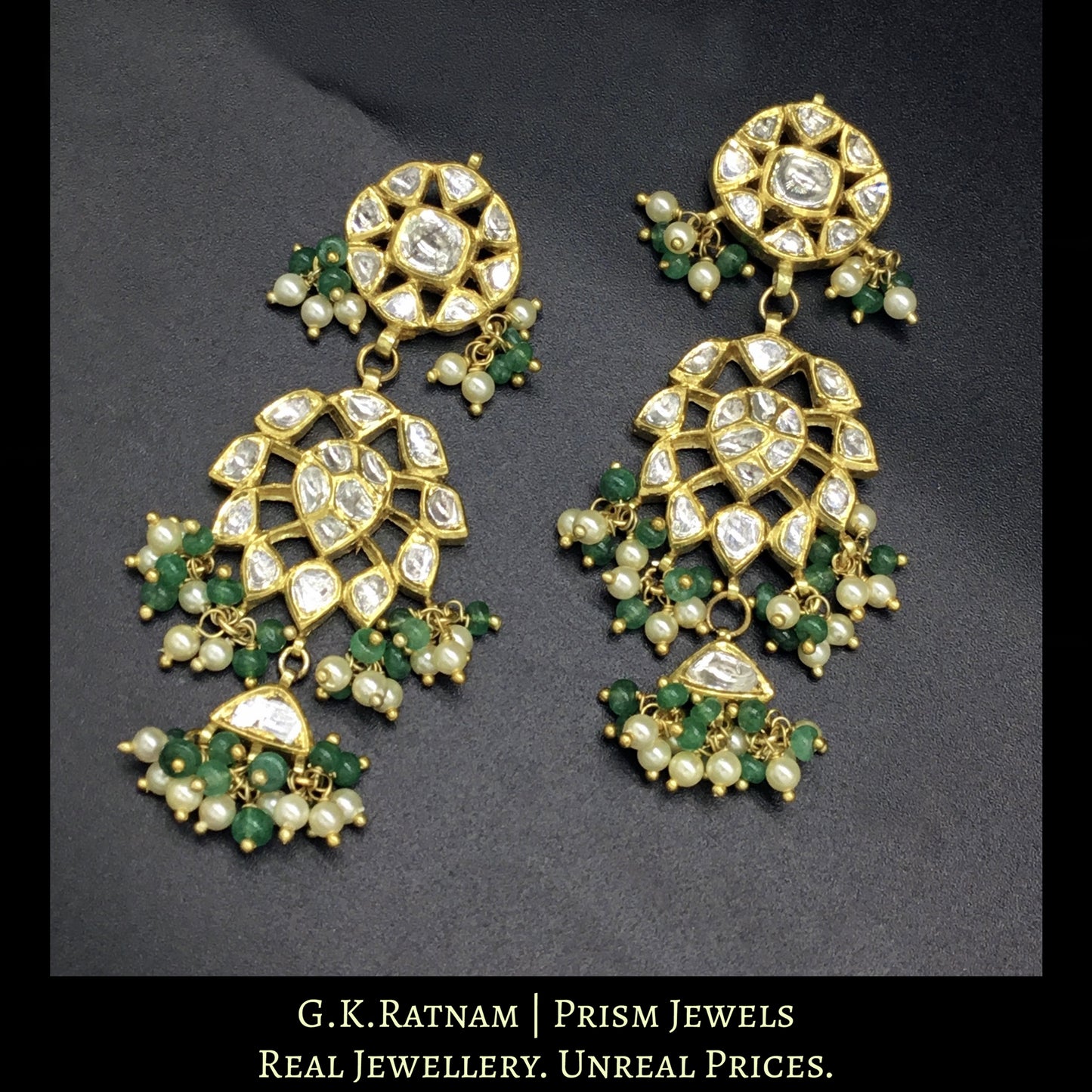 18k Gold and Diamond Polki Pendant Set strung with Pearls and Beryls