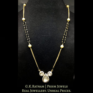 14k Gold and Diamond Polki Open Setting Mangalsutra Pendant with Pearls and Black Beads