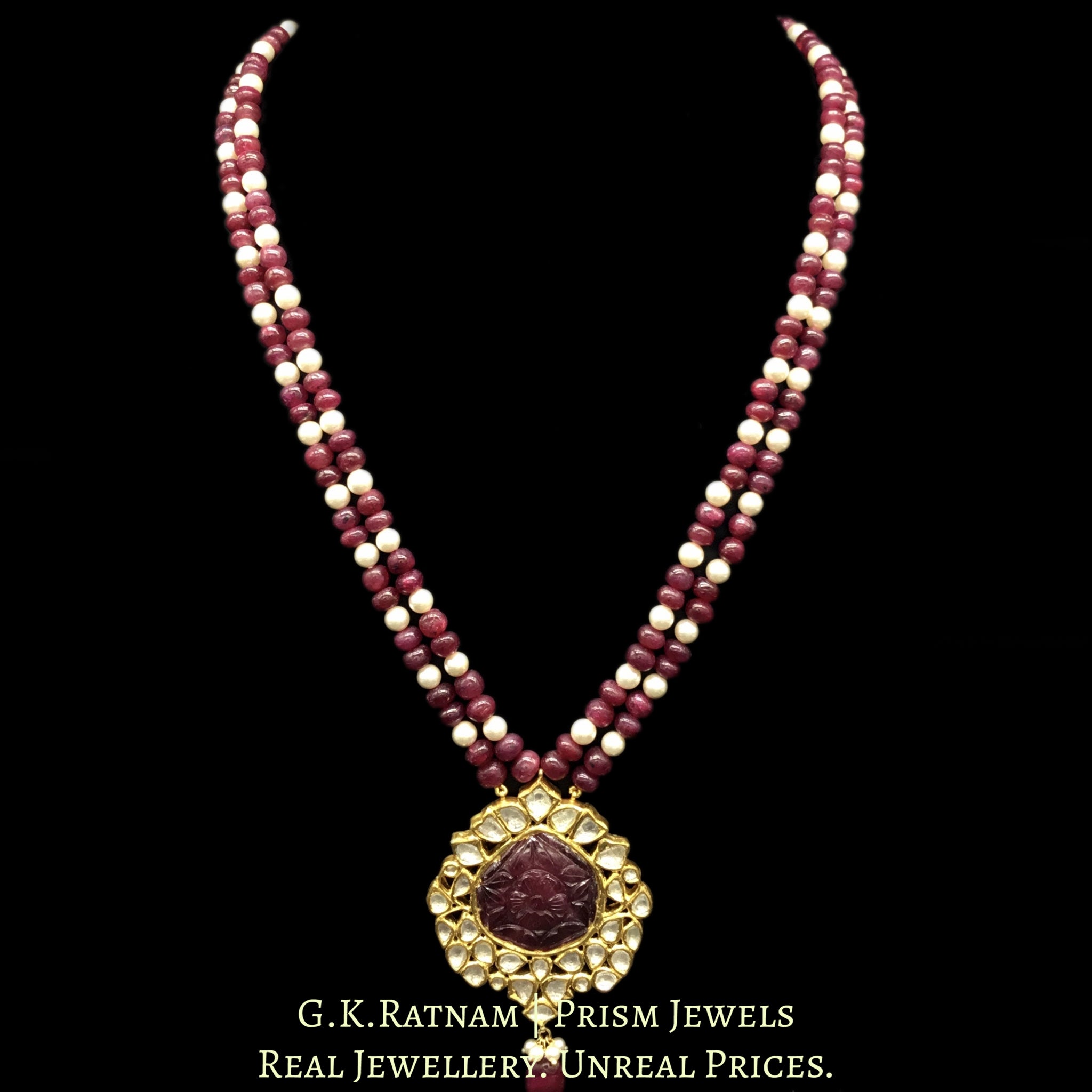 18k Gold and Diamond Polki Carved Ruby Pendant strung with Rubies and Pearls