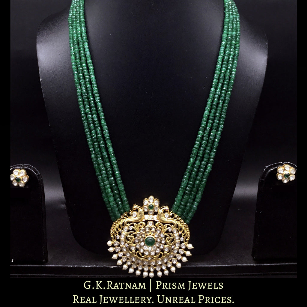 18k Gold and Diamond Polki Open Setting Pendant Set with emerald-grade Green Beryls