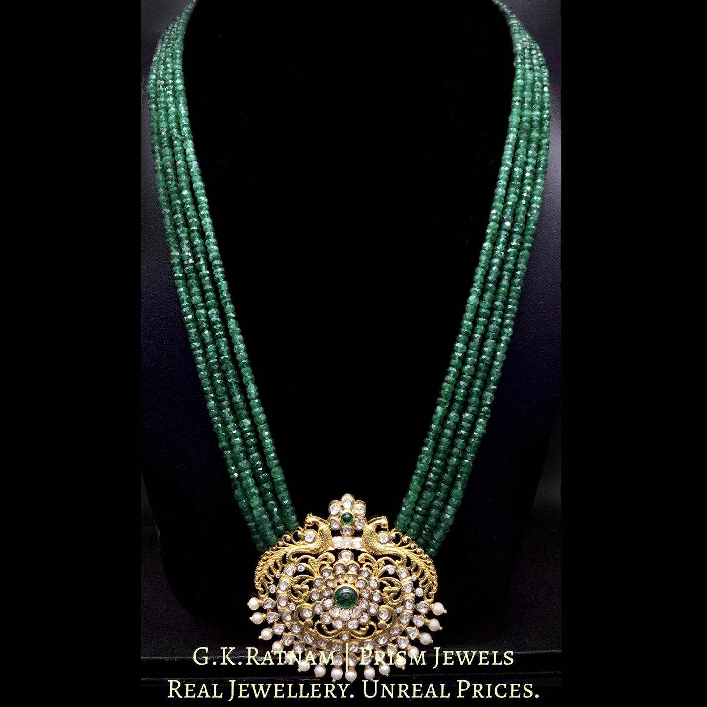 18k Gold and Diamond Polki Open Setting Pendant Set with emerald-grade Green Beryls