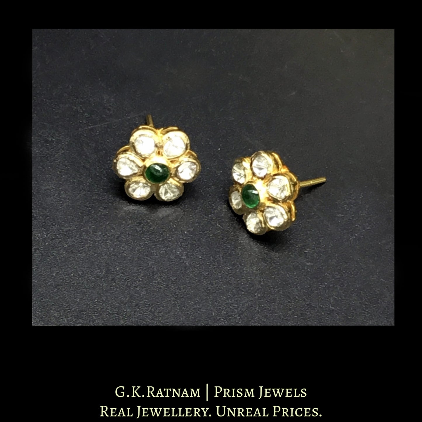 18k Gold and Diamond Polki Open Setting Pendant Set with emerald-grade Green Beryls