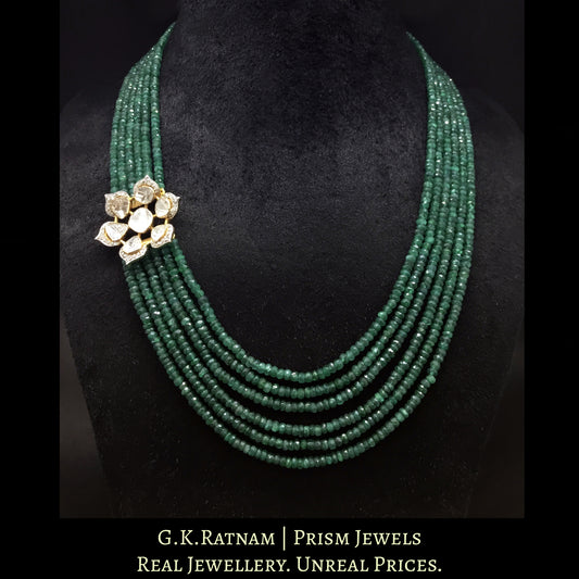 14K Gold and Diamond Polki Open Setting Floral Broach Necklace with emerald-grade Green Beryls
