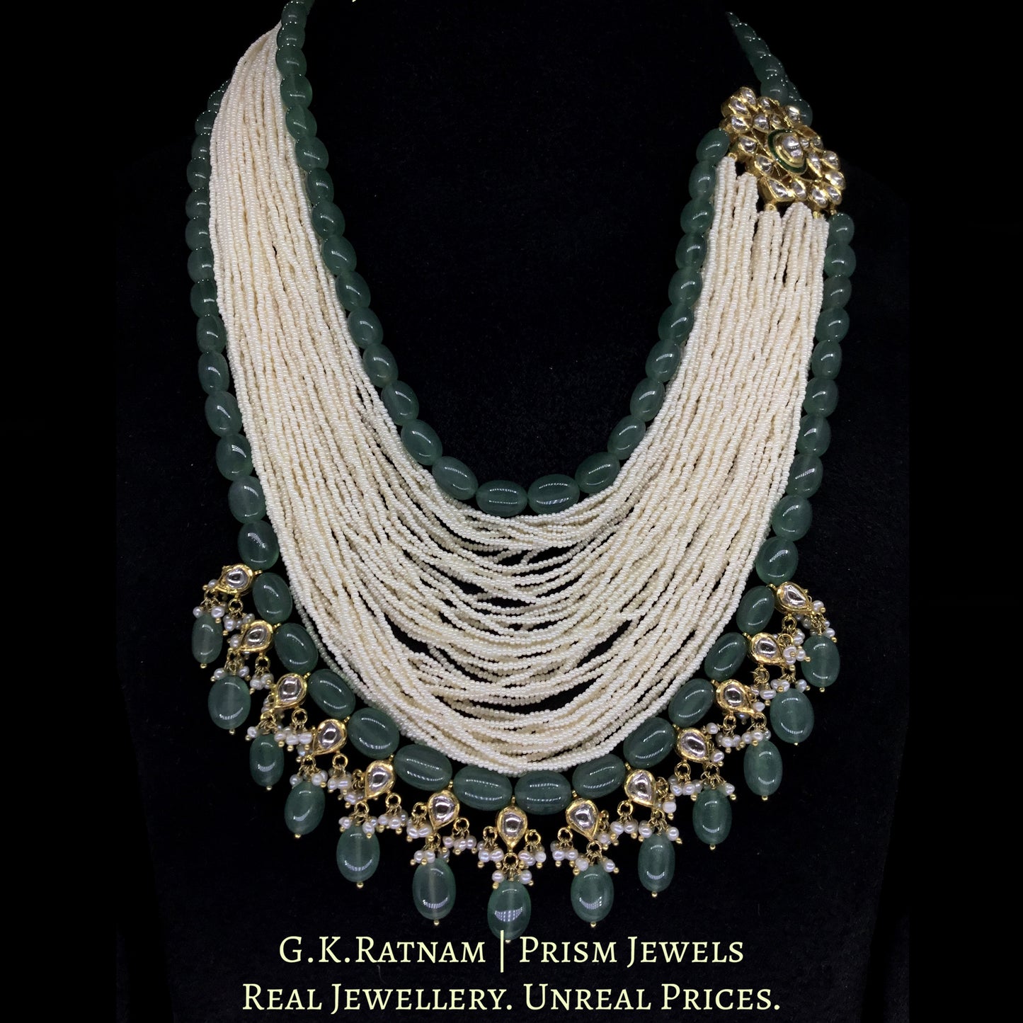 18k Gold and Diamond Polki Broach Necklace with Strawberry Quartz and Chid Pearl Bunches