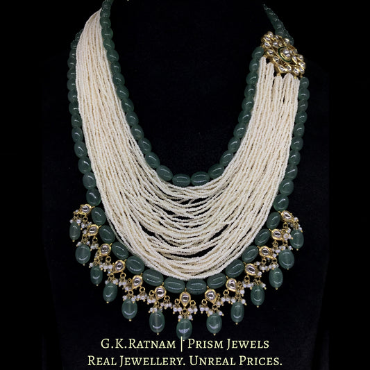 18k Gold and Diamond Polki Broach Necklace with Strawberry Quartz and Chid Pearl Bunches