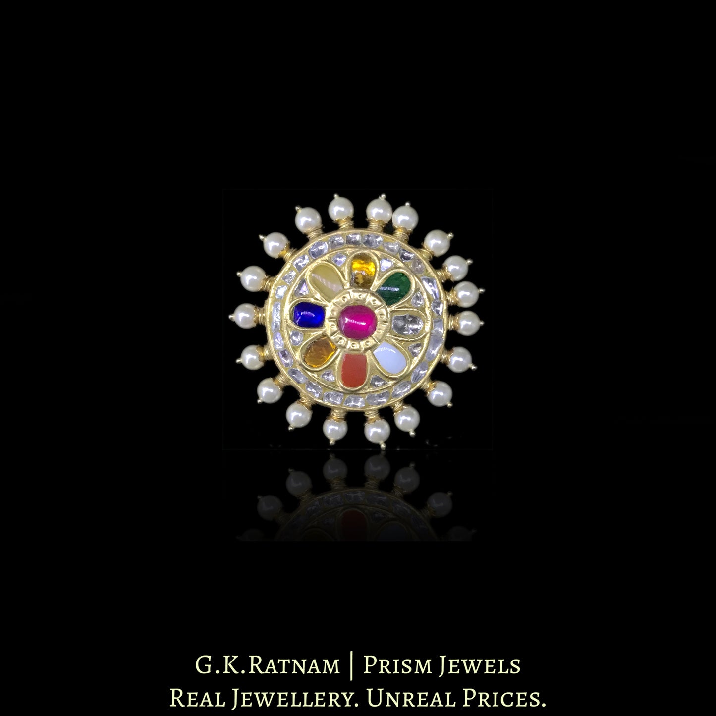 23k Gold and Diamond Polki Navratna Ring with Pearl Spikes - G. K. Ratnam