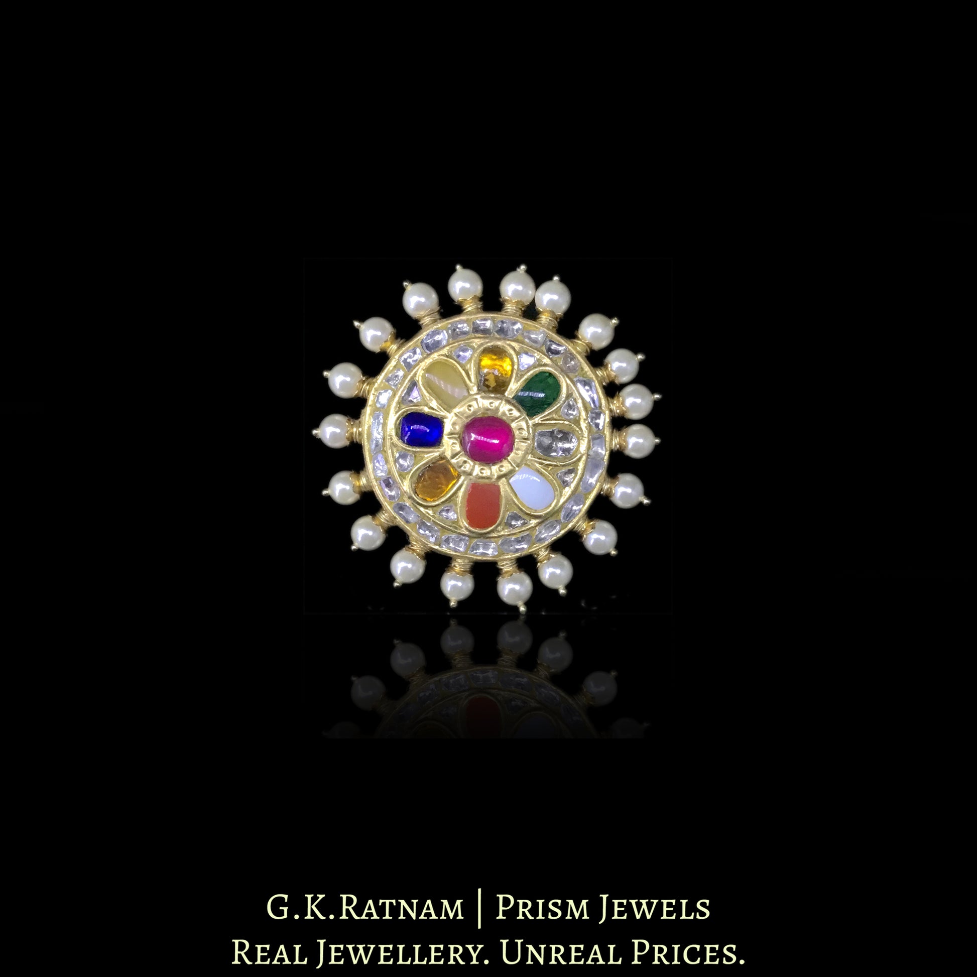23k Gold and Diamond Polki Navratna Ring with Pearl Spikes - G. K. Ratnam