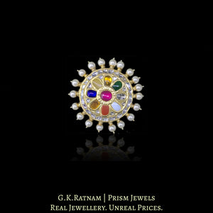 23k Gold and Diamond Polki Navratna Ring with Pearl Spikes