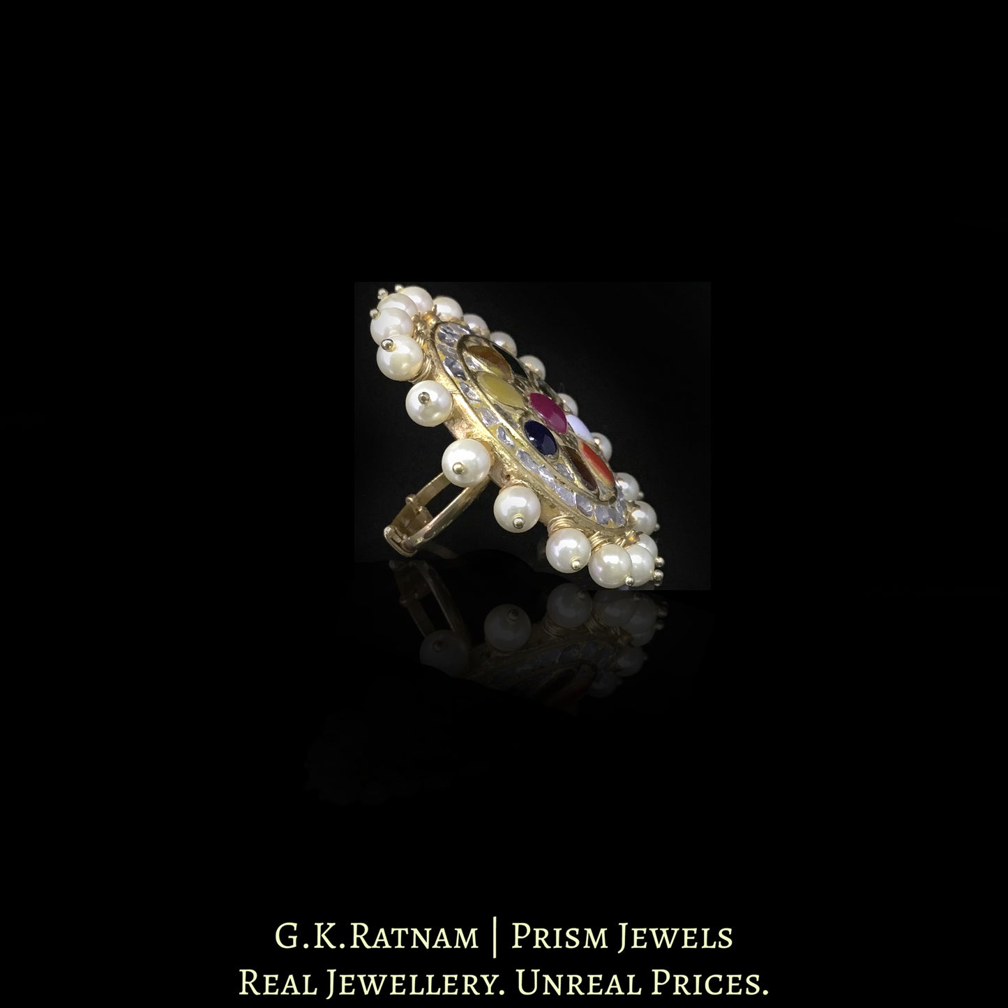 23k Gold and Diamond Polki Navratna Ring with Pearl Spikes - G. K. Ratnam