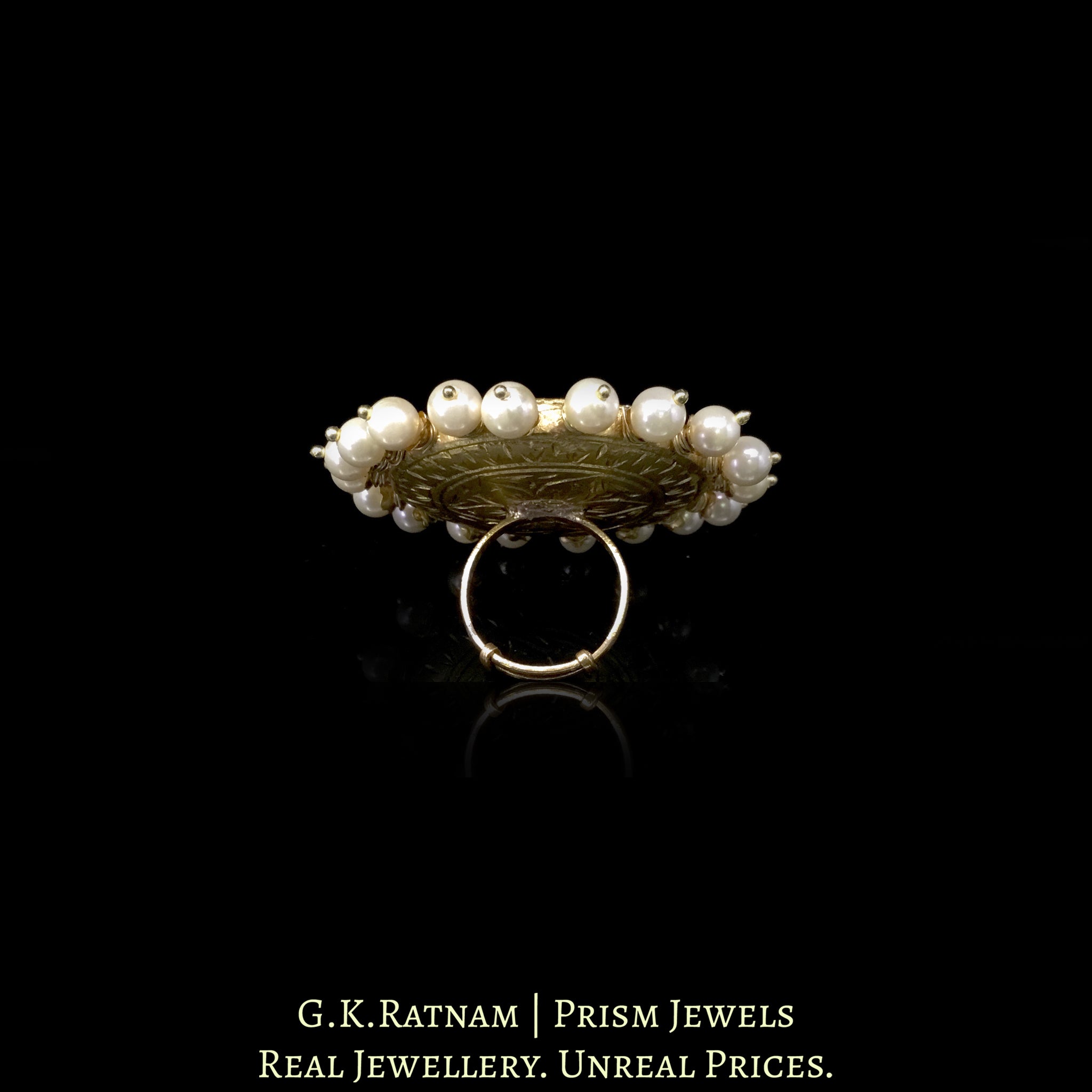 23k Gold and Diamond Polki Navratna Ring with Pearl Spikes