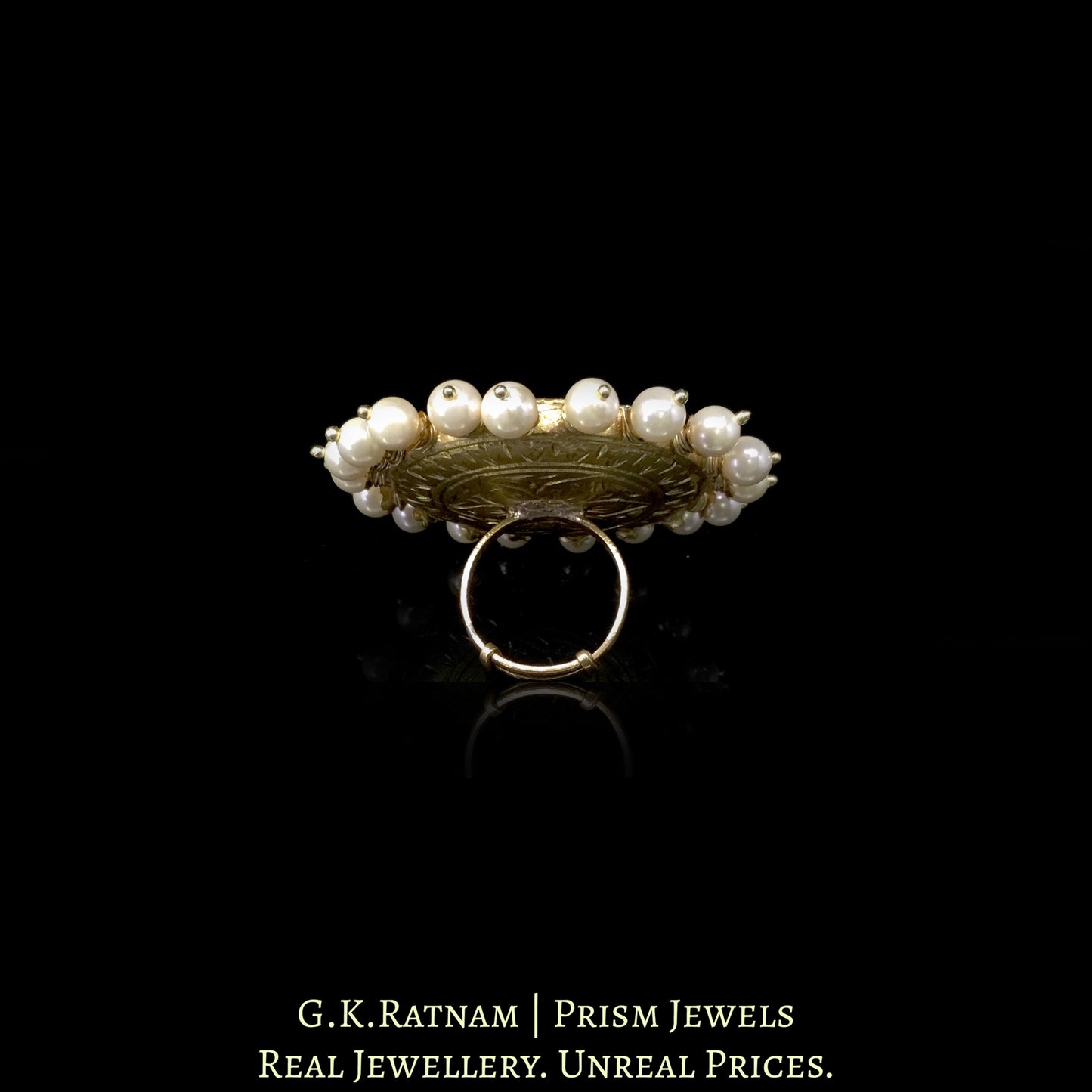 23k Gold and Diamond Polki Navratna Ring with Pearl Spikes - G. K. Ratnam
