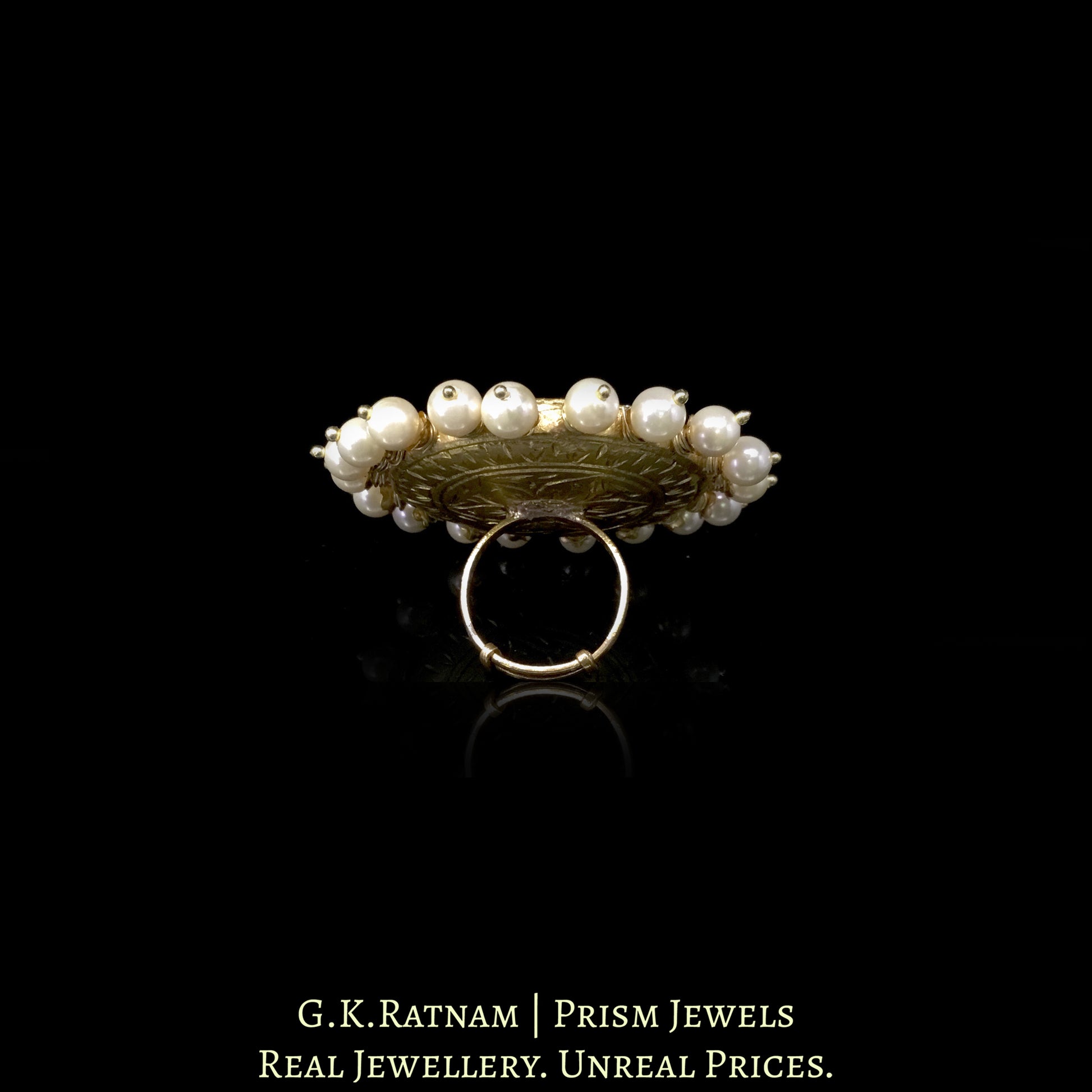23k Gold and Diamond Polki Navratna Ring with Pearl Spikes - G. K. Ratnam