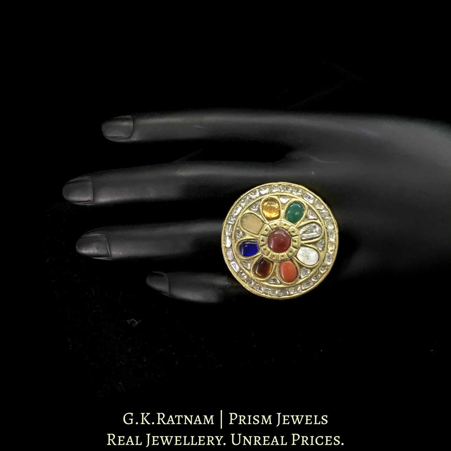 23k Gold and Diamond Polki Antiqued Navratna Ring