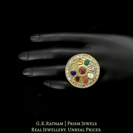 23k Gold and Diamond Polki Antiqued Navratna Ring
