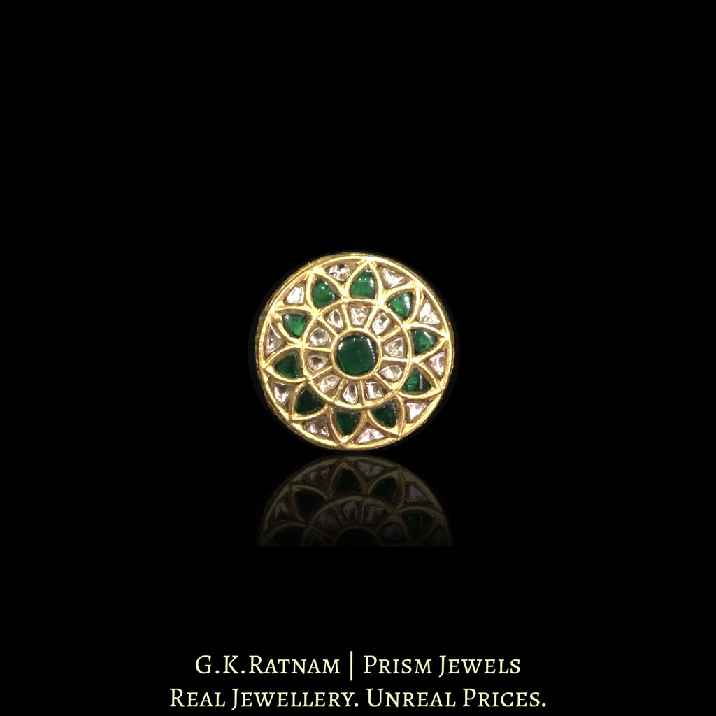 23k Gold and Diamond Polki Round Ring with emerald-grade Green Stones