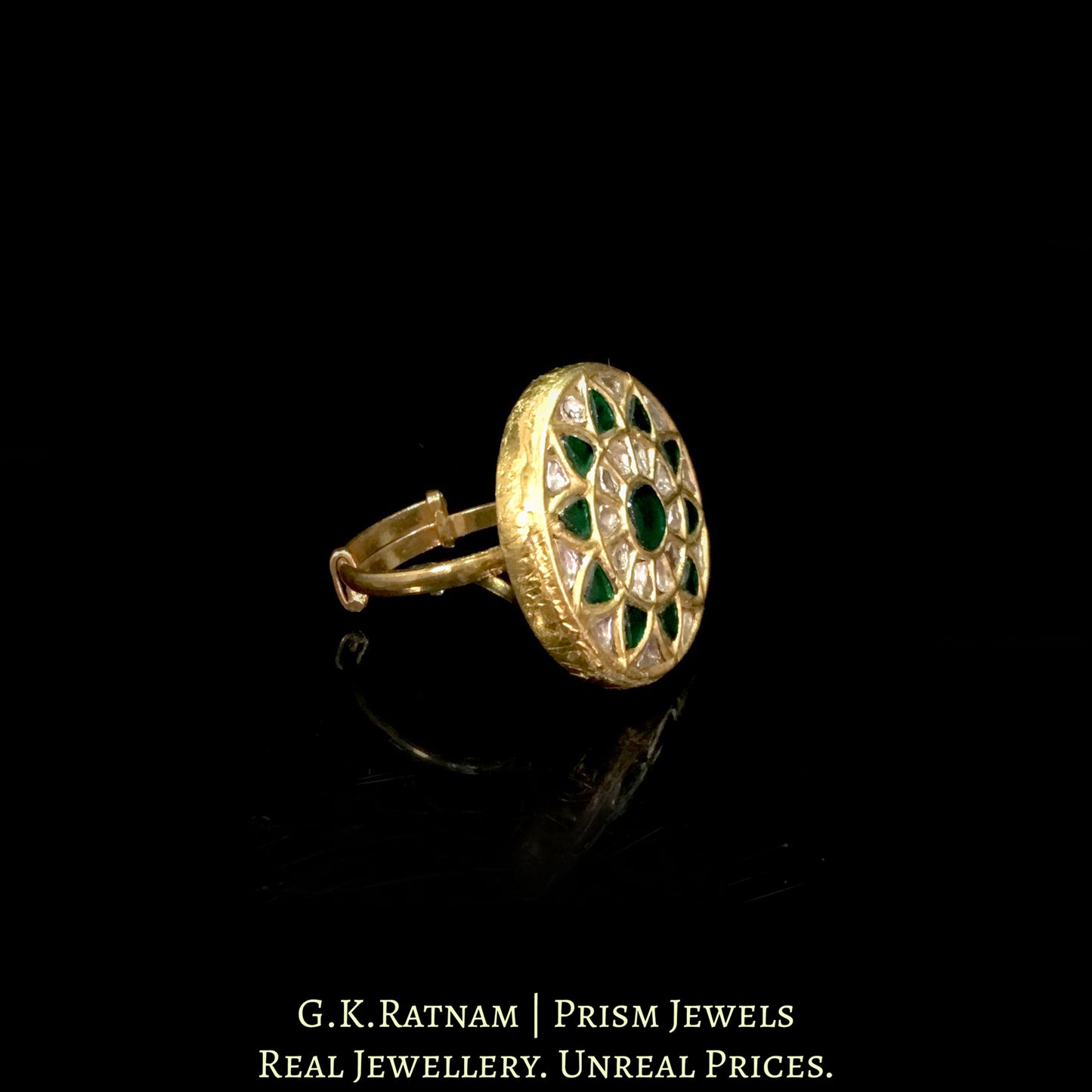 23k Gold and Diamond Polki Round Ring with emerald-grade Green Stones