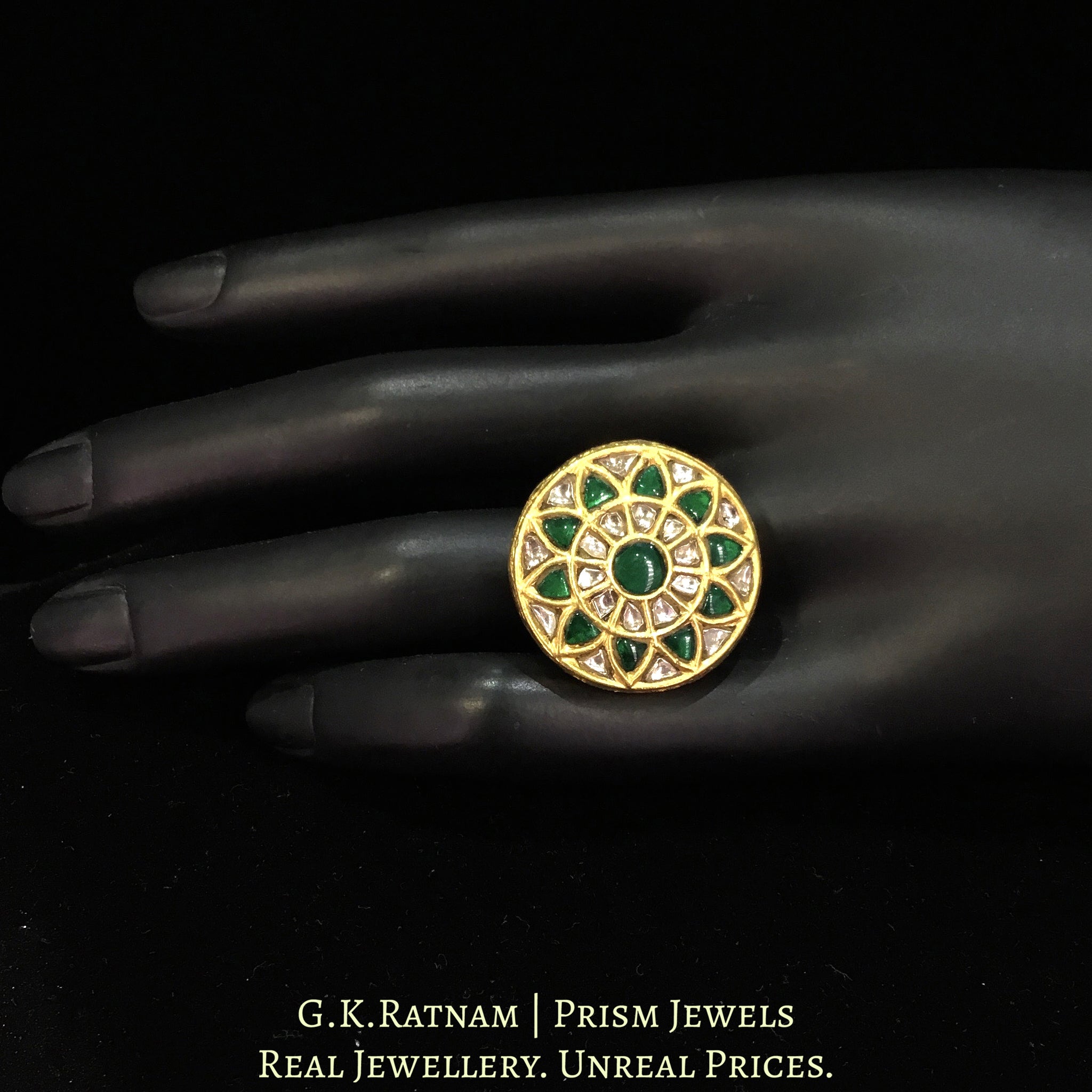 23k Gold and Diamond Polki Round Ring with emerald-grade Green Stones