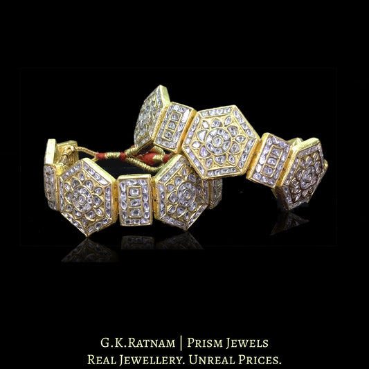 23k Gold and Diamond Polki Bracelet Pair (Paunchi / Ponchi) with Hexagonal Motifs