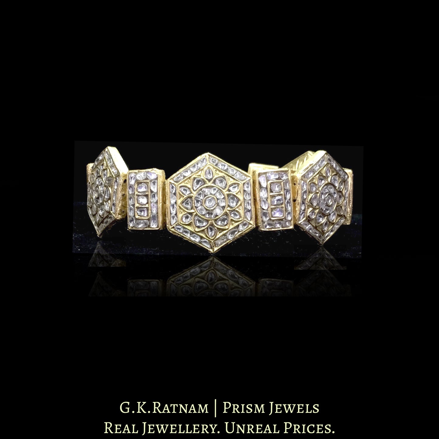 23k Gold and Diamond Polki Bracelet Pair (Paunchi / Ponchi) with Hexagonal Motifs