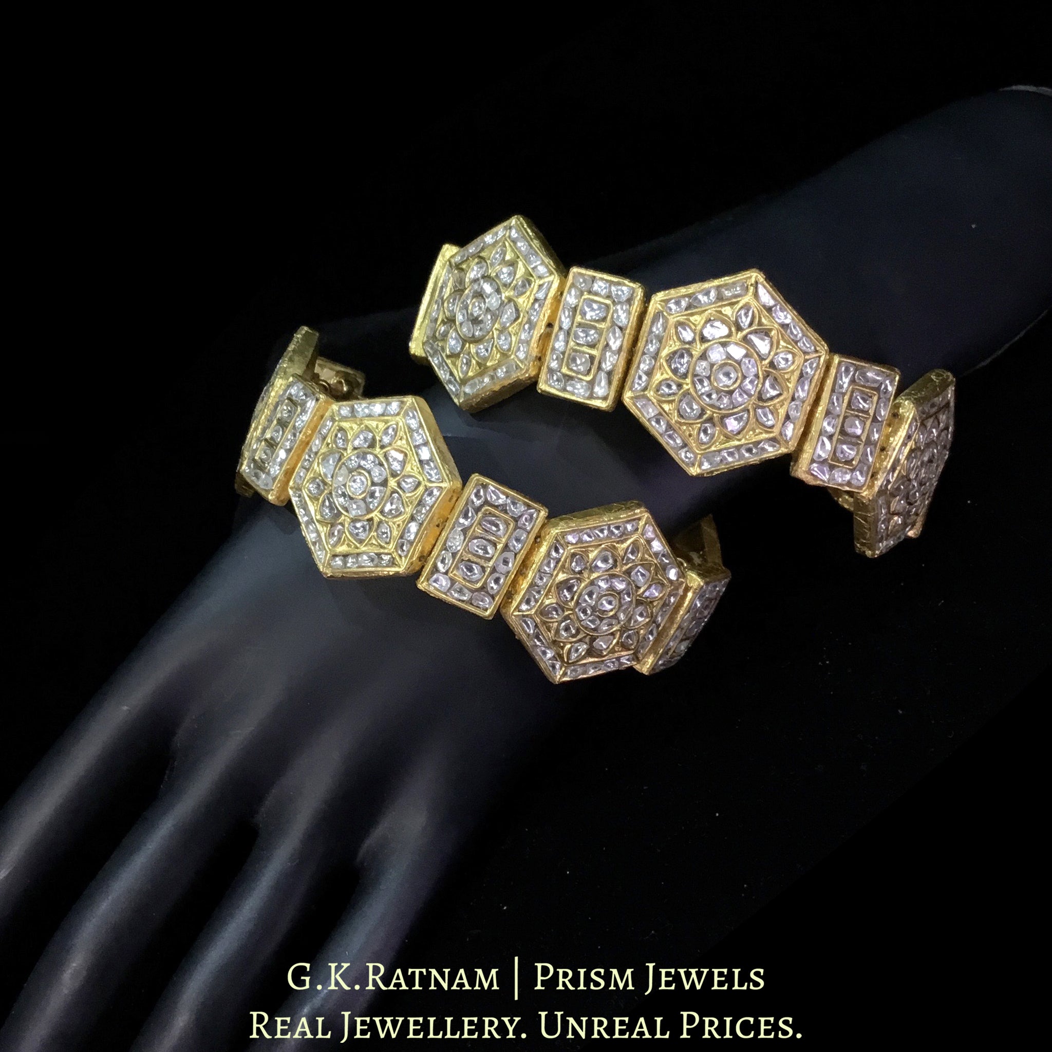 23k Gold and Diamond Polki Bracelet Pair (Paunchi / Ponchi) with Hexagonal Motifs