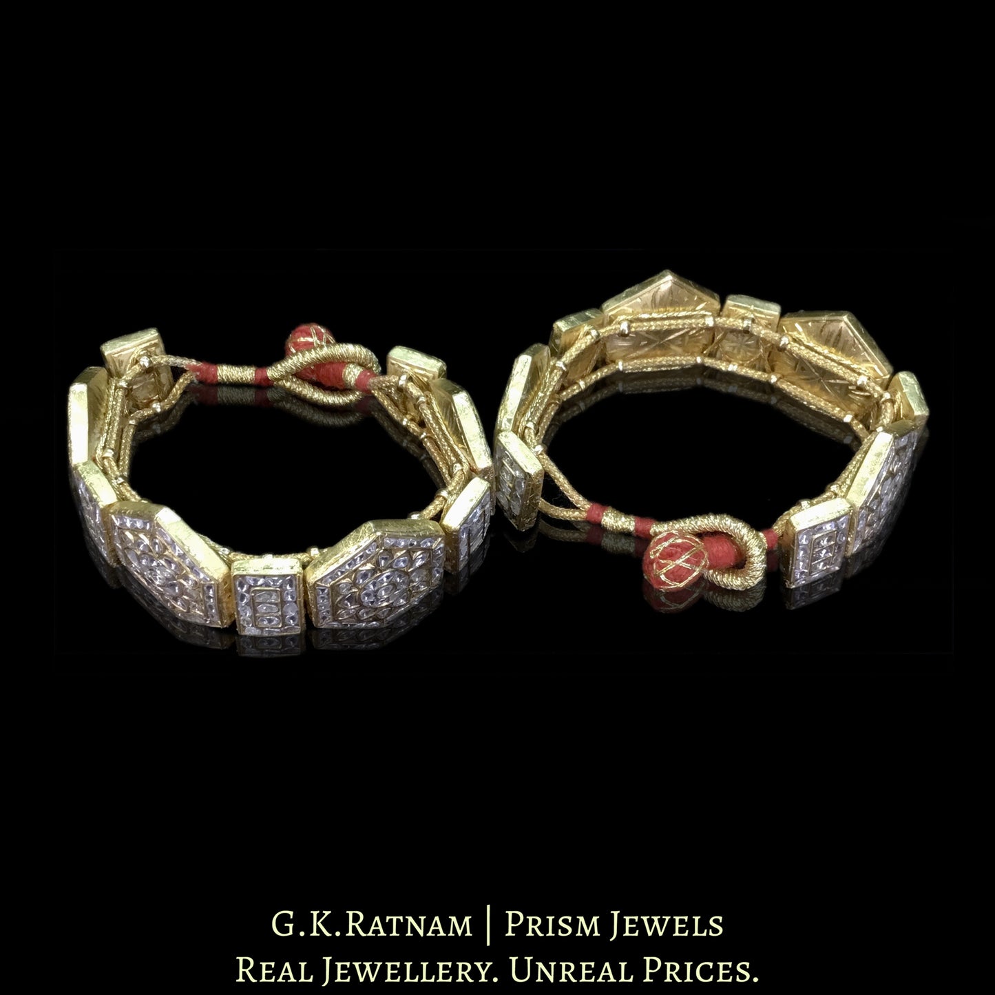 23k Gold and Diamond Polki Bracelet Pair (Paunchi / Ponchi) with Hexagonal Motifs