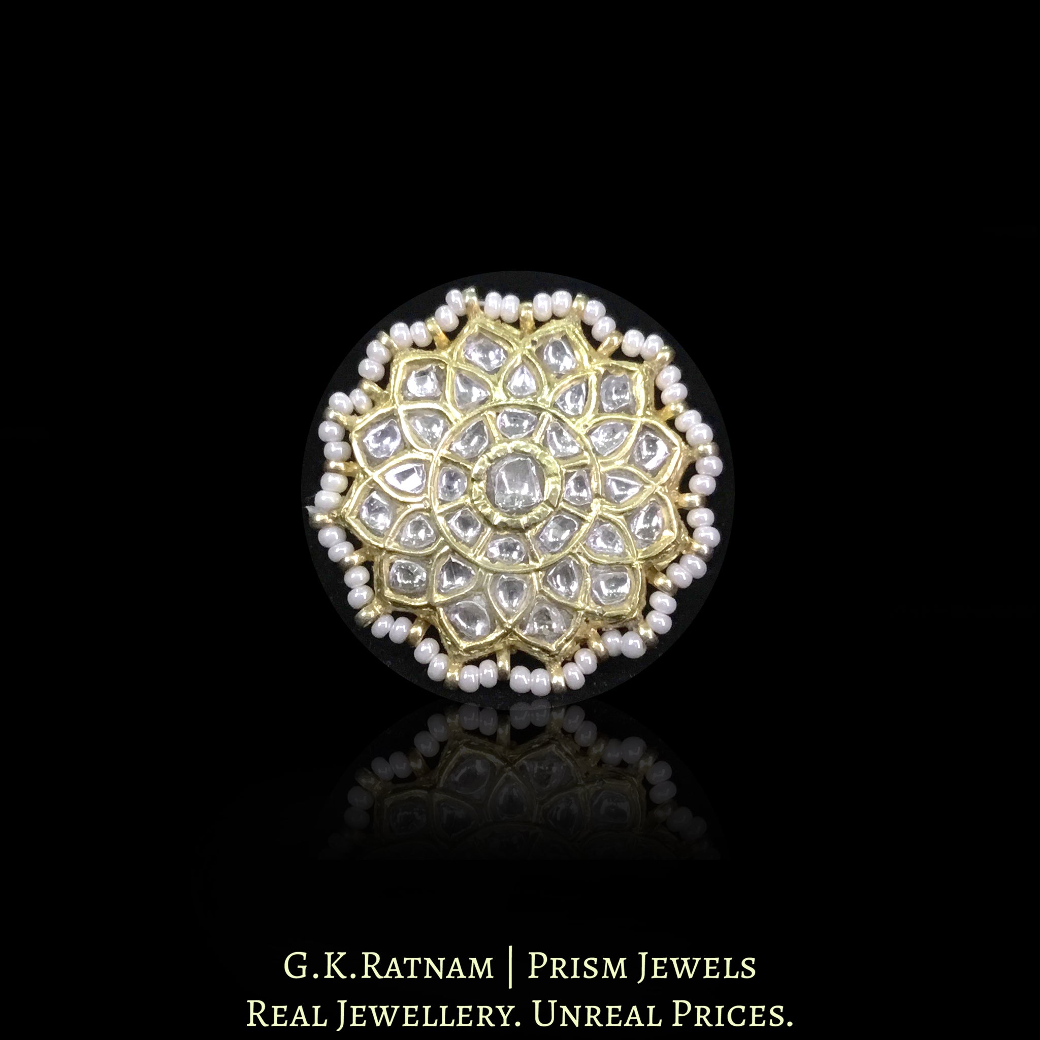 23k Gold and Diamond Polki Floral Ring with Chid Pearl Rimming
