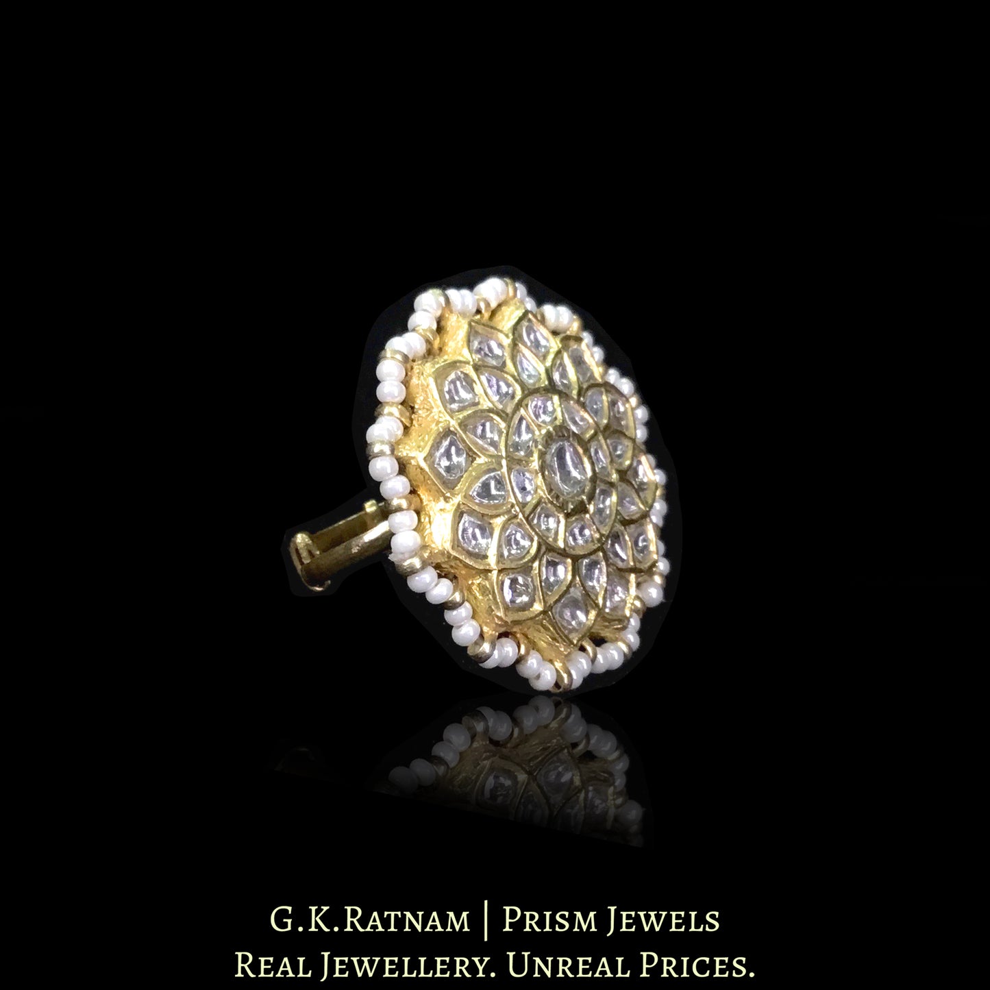 23k Gold and Diamond Polki Floral Ring with Chid Pearl Rimming