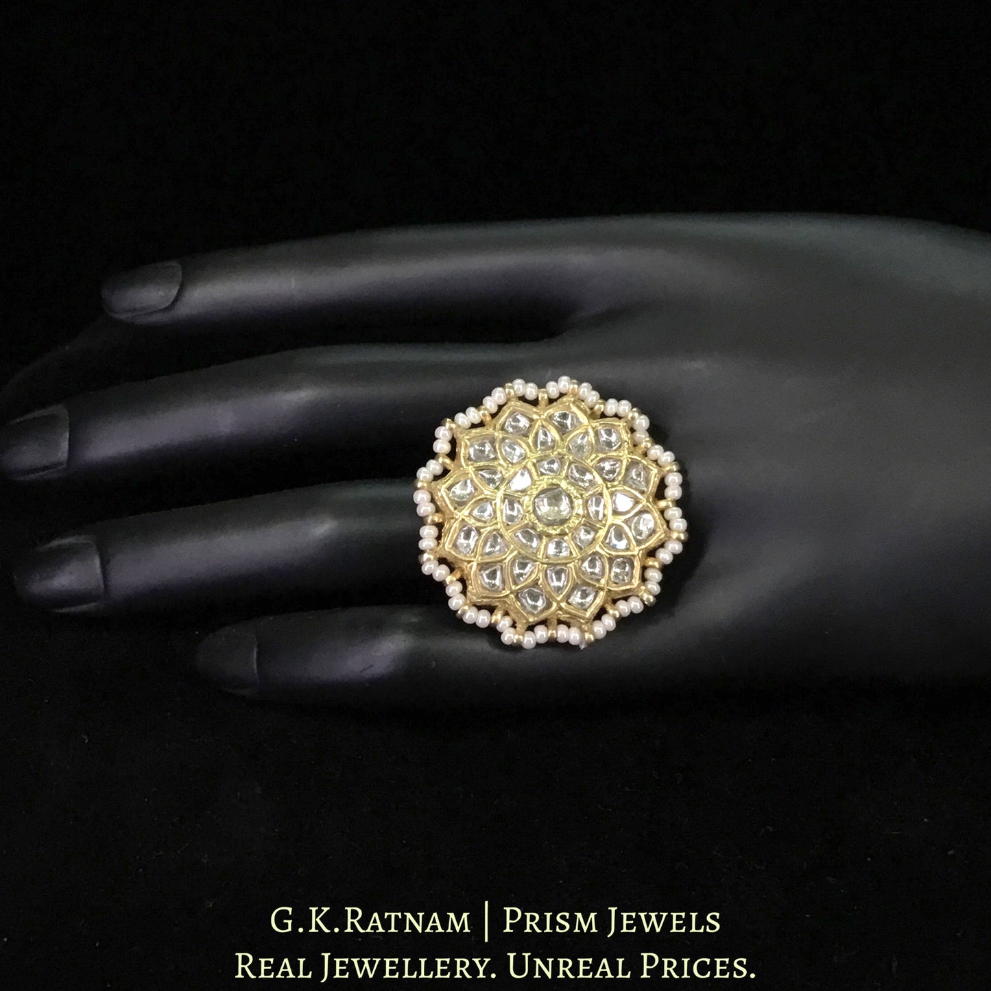 23k Gold and Diamond Polki Floral Ring with Chid Pearl Rimming