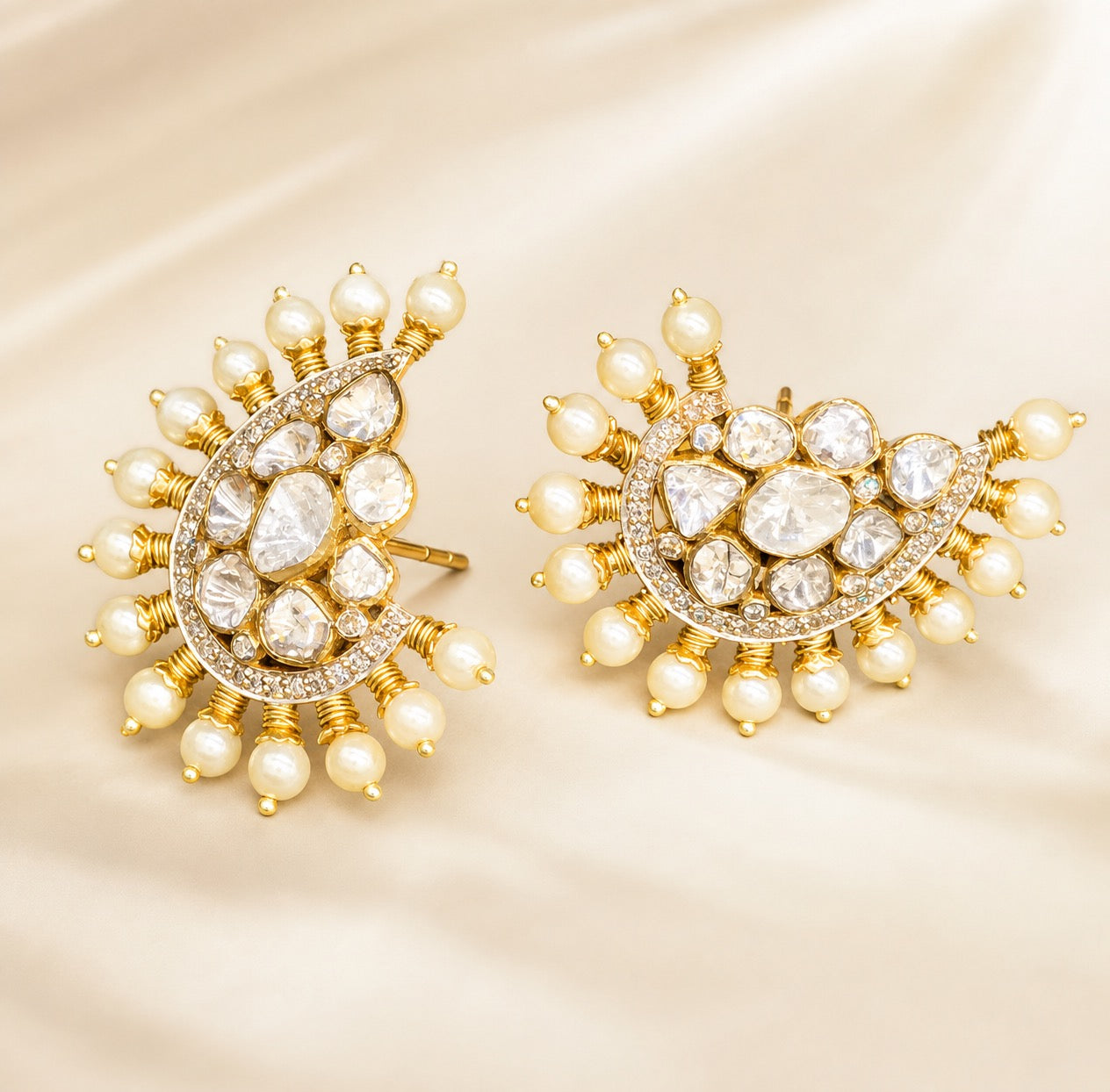 14k Gold and Diamond Polki crescent-shaped Open Setting Karanphool Earring Pair with Pearl Spikes - G. K. Ratnam