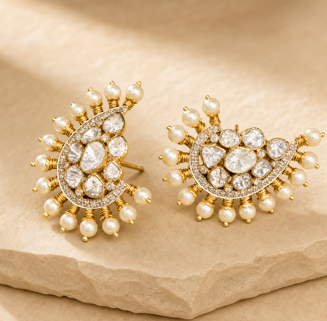14k Gold and Diamond Polki crescent-shaped Open Setting Karanphool Earring Pair with Pearl Spikes - G. K. Ratnam