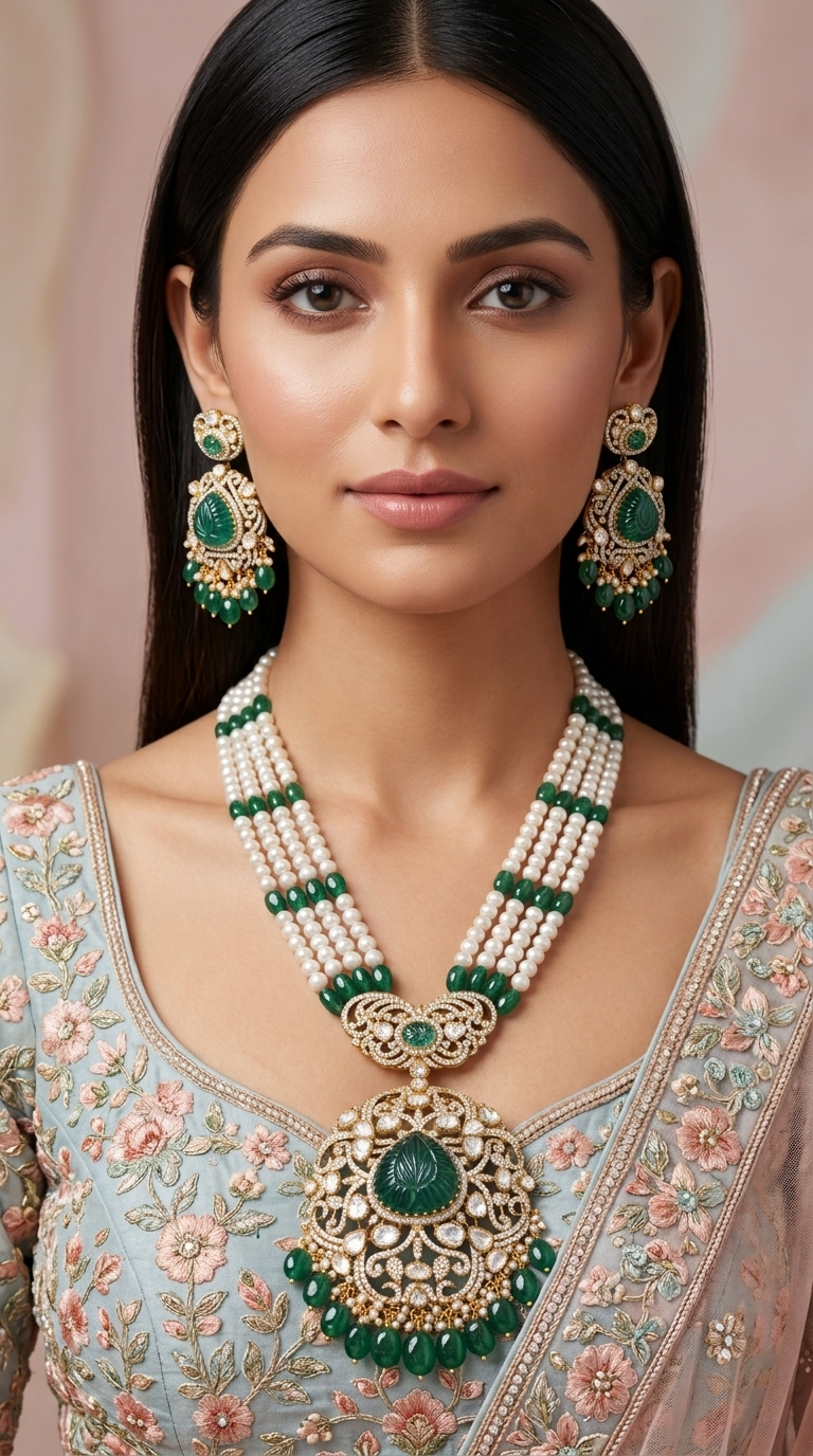 925 Silver Moissanite Polki Pendant Set With Lab-grown Emeralds And Strung In Pearls - G. K. Ratnam