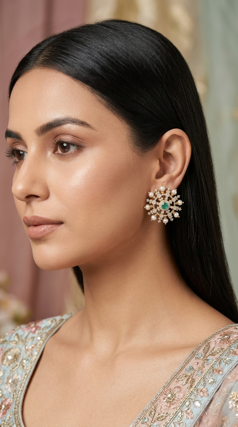 925 Silver And Moissanite Polki Karnfool Earrings With Antique Pearls - G. K. Ratnam