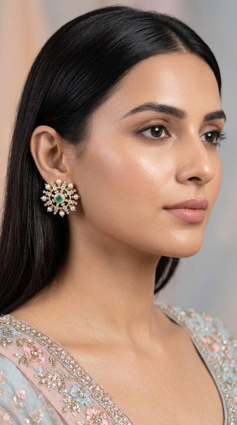 925 Silver And Moissanite Polki Karnfool Earrings With Antique Pearls - G. K. Ratnam