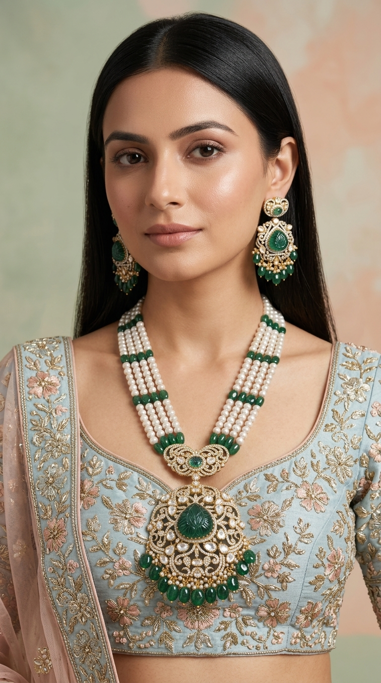 925 Silver Moissanite Polki Pendant Set With Lab-grown Emeralds And Strung In Pearls - G. K. Ratnam
