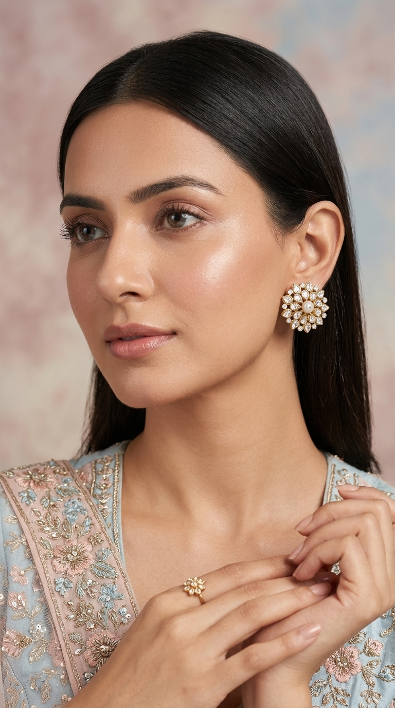 925 Silver and Moissanite Polki Karnfool Earring Pair