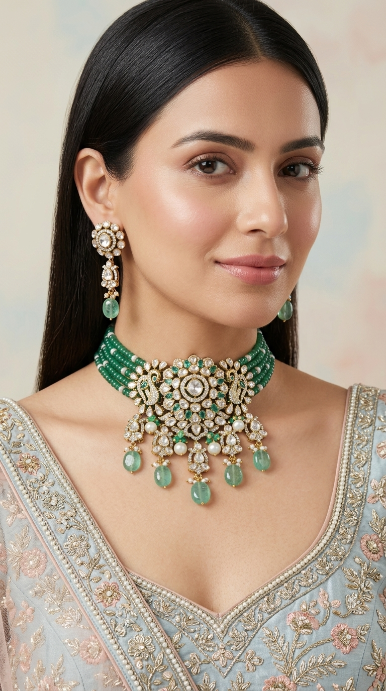 925 Silver And Moissanite Polki  Choker Necklace Set With Strawberry Quartz And Pearls - G. K. Ratnam